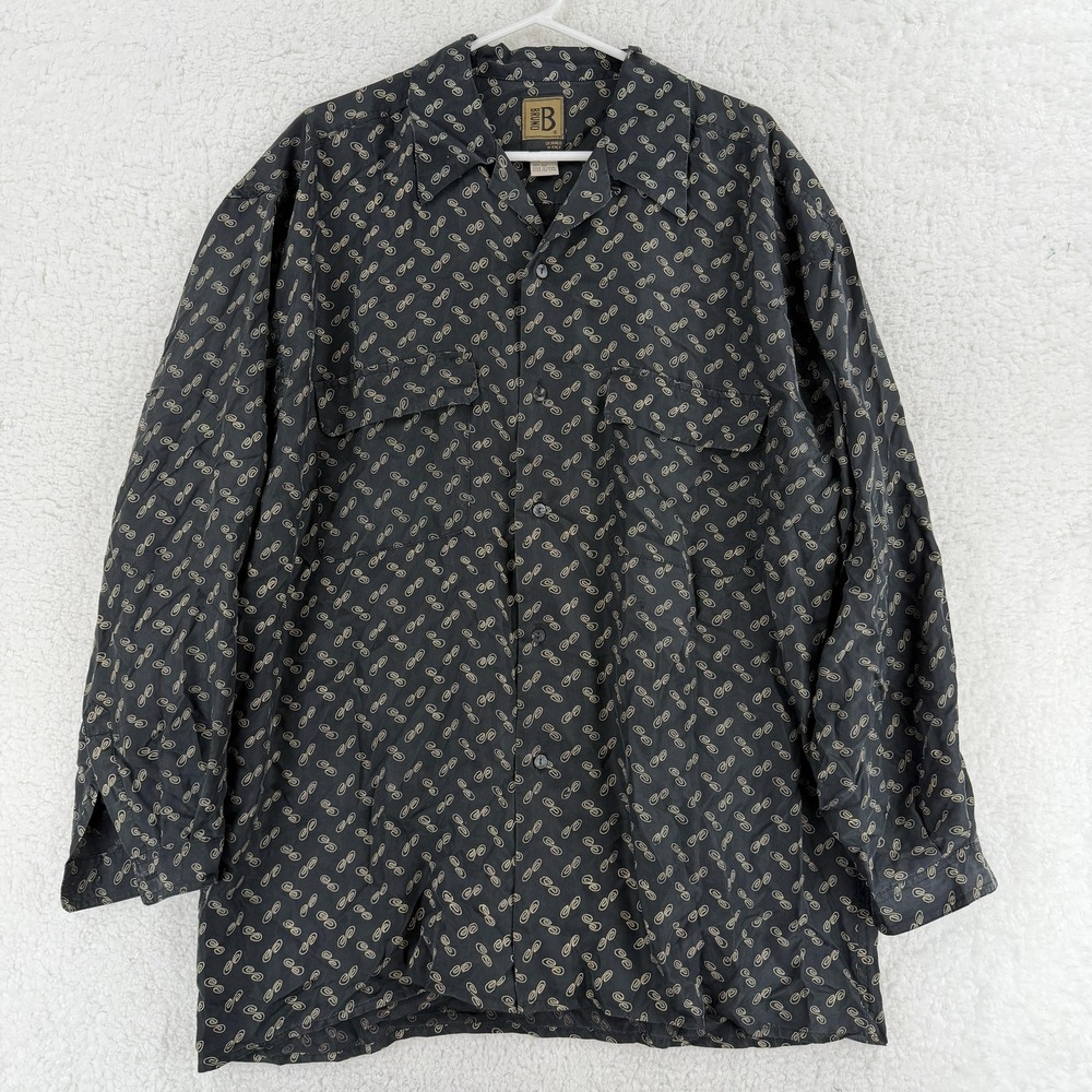 VTG‎ Bruno Shirt Mens Large Gray Silk Paisley Long Sleeve Button Front Pockets
